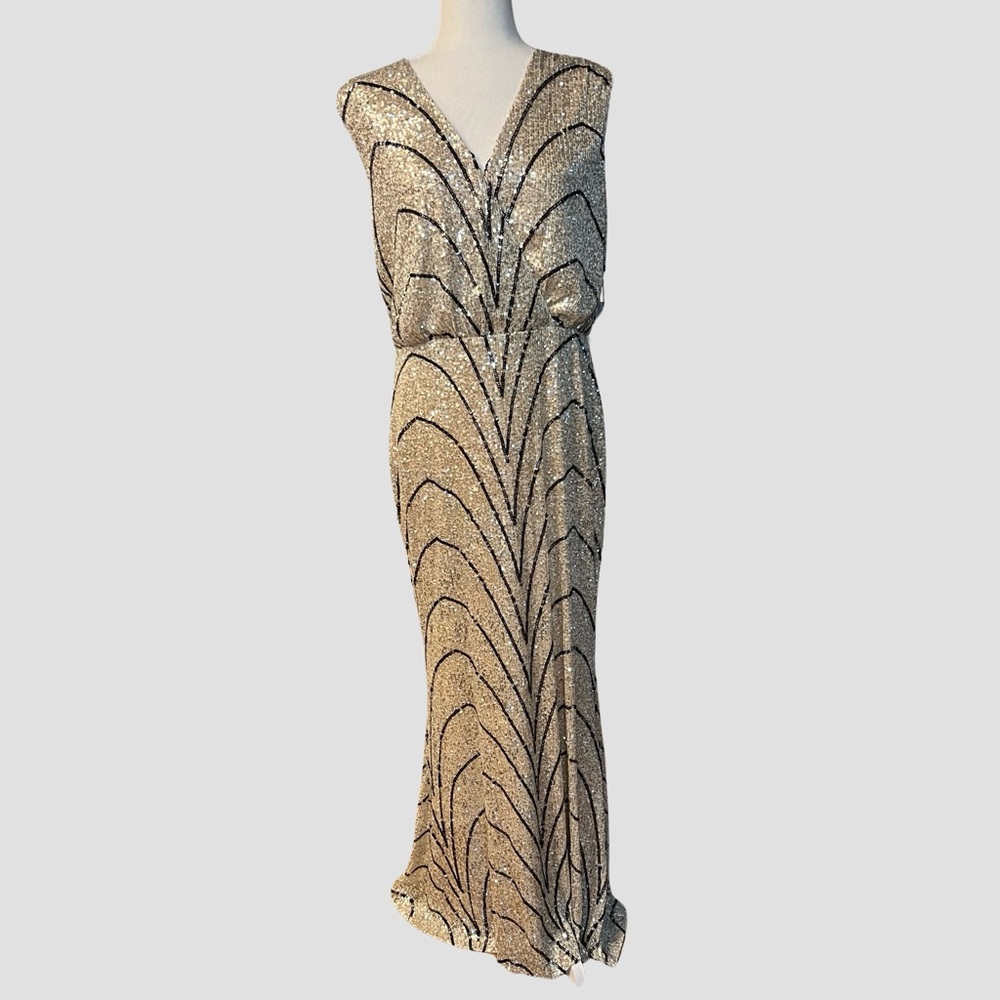 NWT LAUNDRY by Shelli Segal Sz 14 sequin gown Onyx & Pearl color